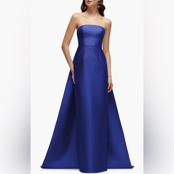 ALFRED SUNG Dresses & Skirts - Strapless Satin Twill Column Gown with Removable Train Size 10- Slit in back